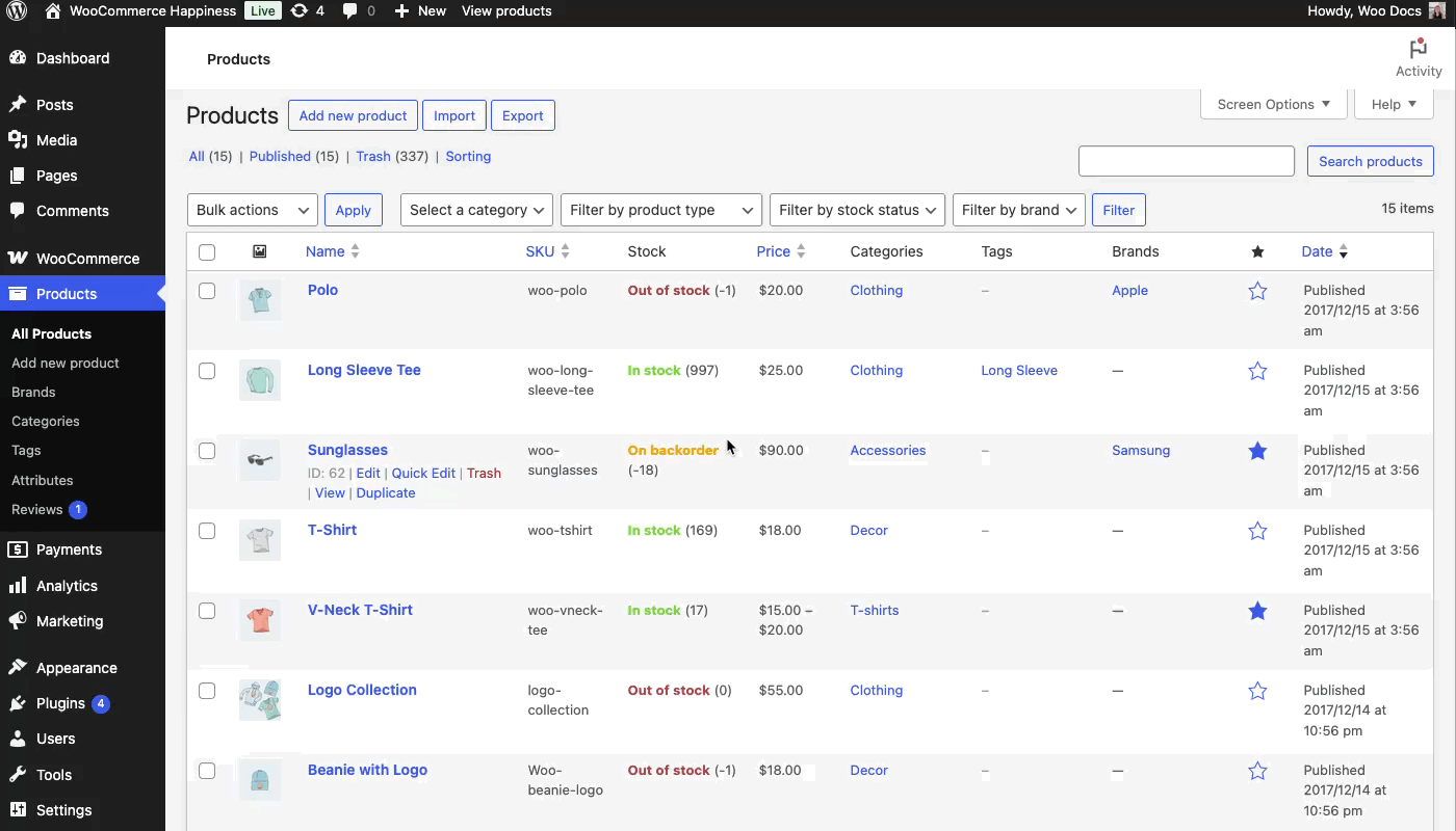 Woocommerce backend